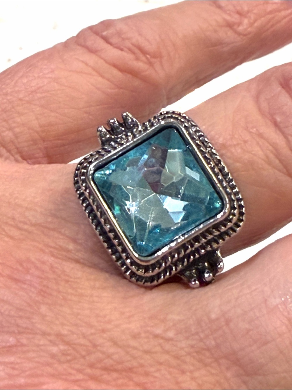 Sterling-Style Silver Ring with Square Aqua Blue Gem Size 6